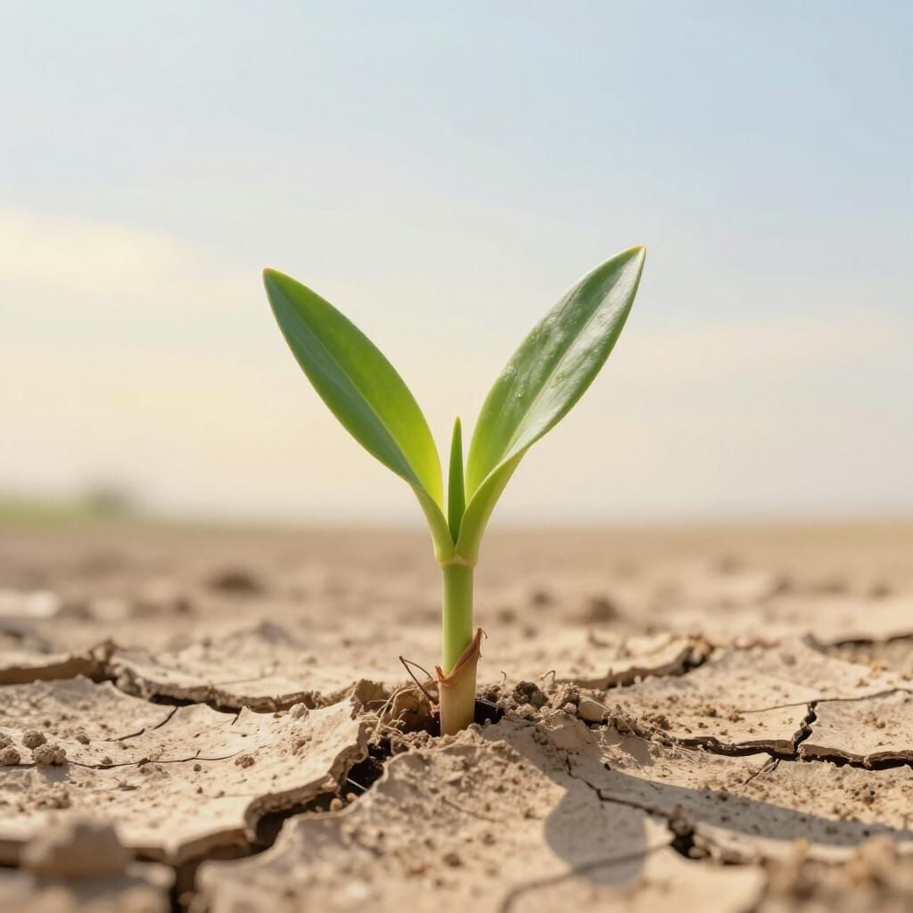 Green Shoot Emerges From Dry Earth Under Hopeful Sky
