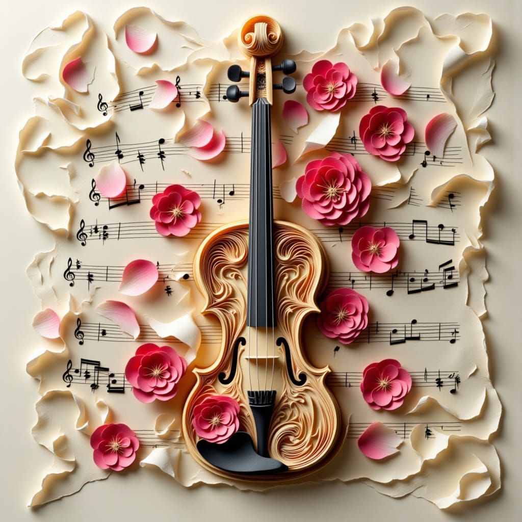 Surreal Paper Machete Violin with Blossoms
