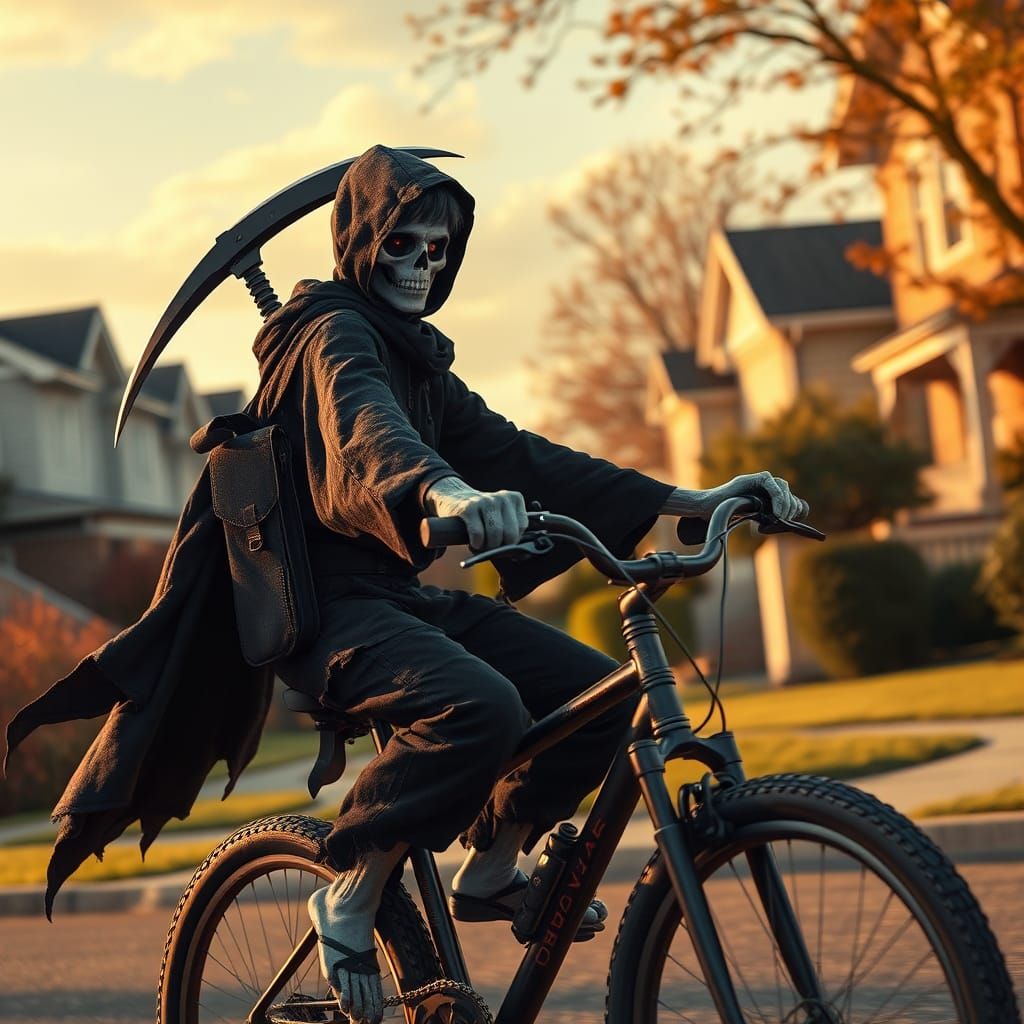 Youthful Grim Reaper Rides Bicycle in Suburbia