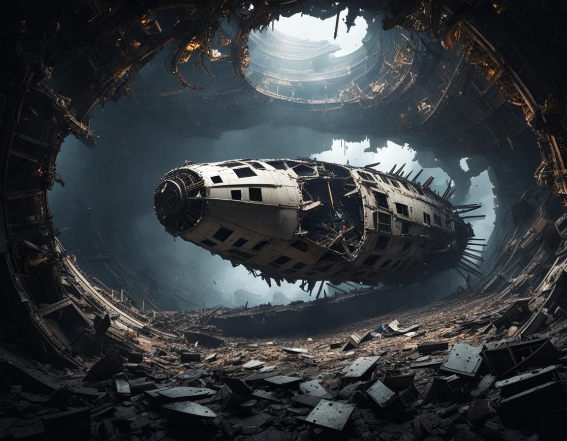 Wreck of Spaceship Drifting in Void of Space