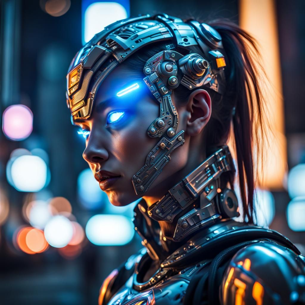 Cyborg Girl with Futuristic Armor in Neon City