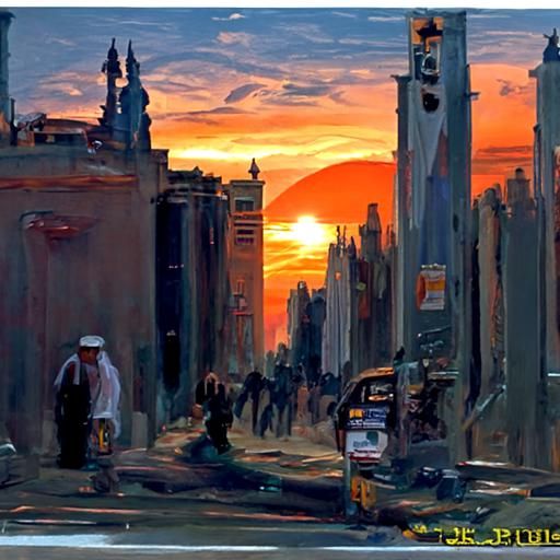 city with skyscrapers , busy street and sunset