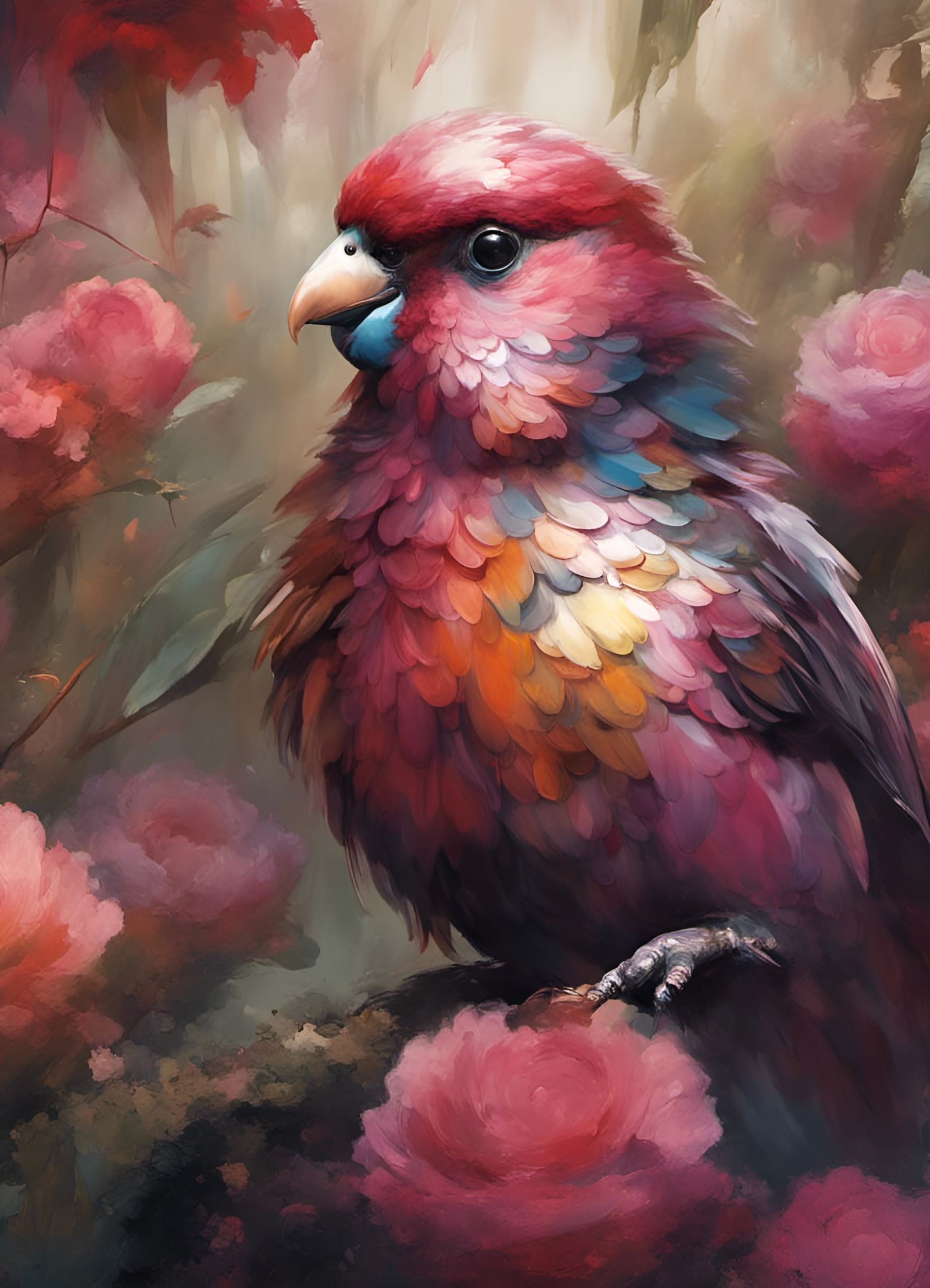 Chibi Dusky Lory Bird in Detailed Garden Setting