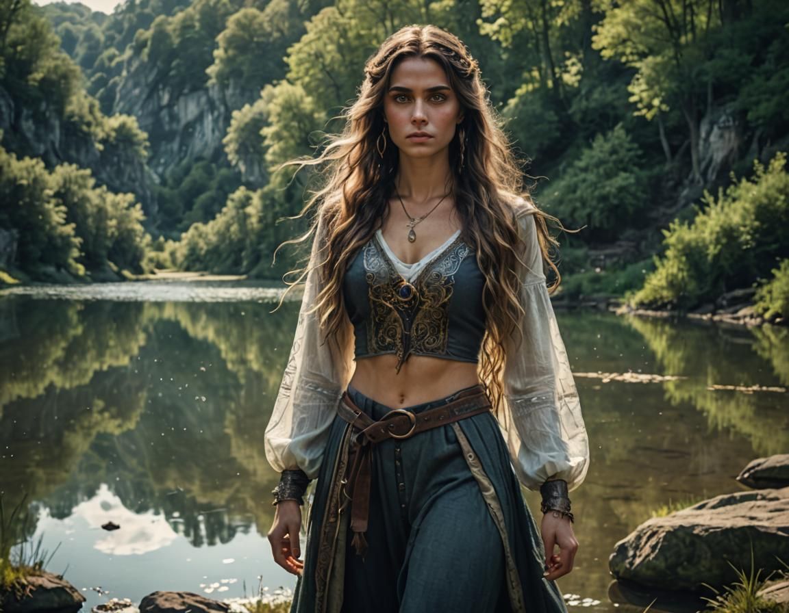 Medieval Lady by Mystical Lake in Fantasy Landscape