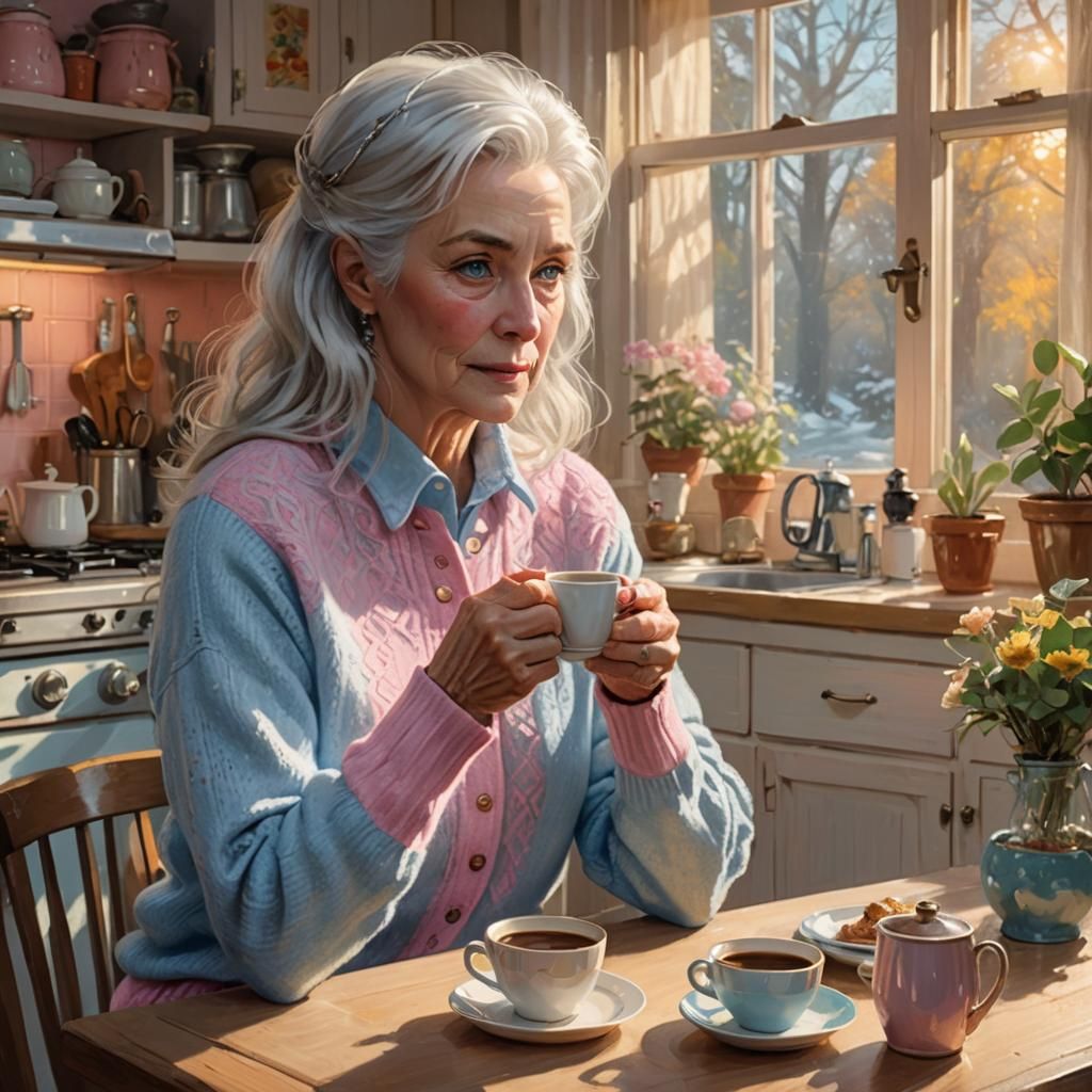 Cozy Kitchen Scene with Woman in Fantasy Realism Style