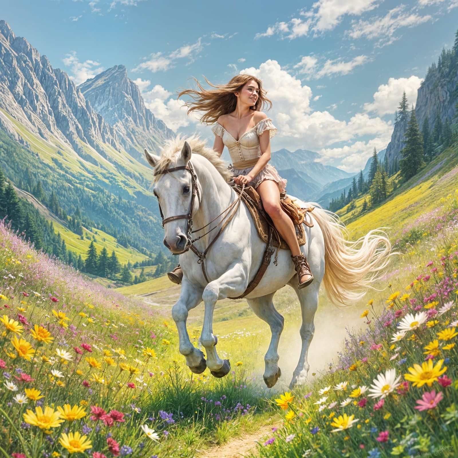 Joyful Fantasy Maiden Rides Through Enchanted Meadow