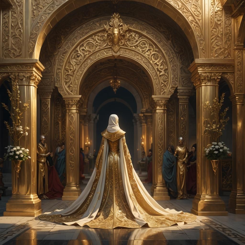 Golden Figure Under Archway in High Fantasy Style