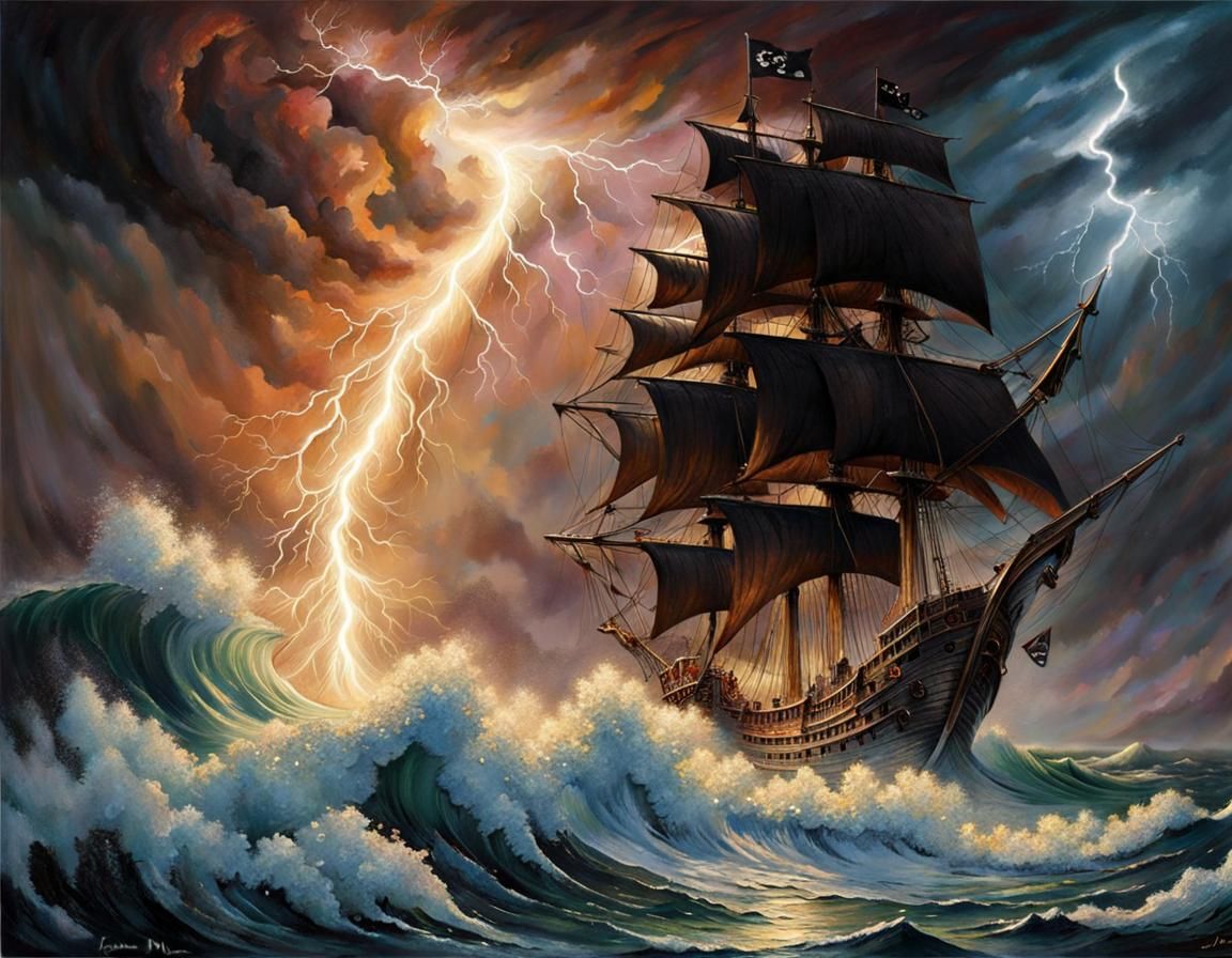 Dark Pirate Ship in Sparkling Stormy Sea
