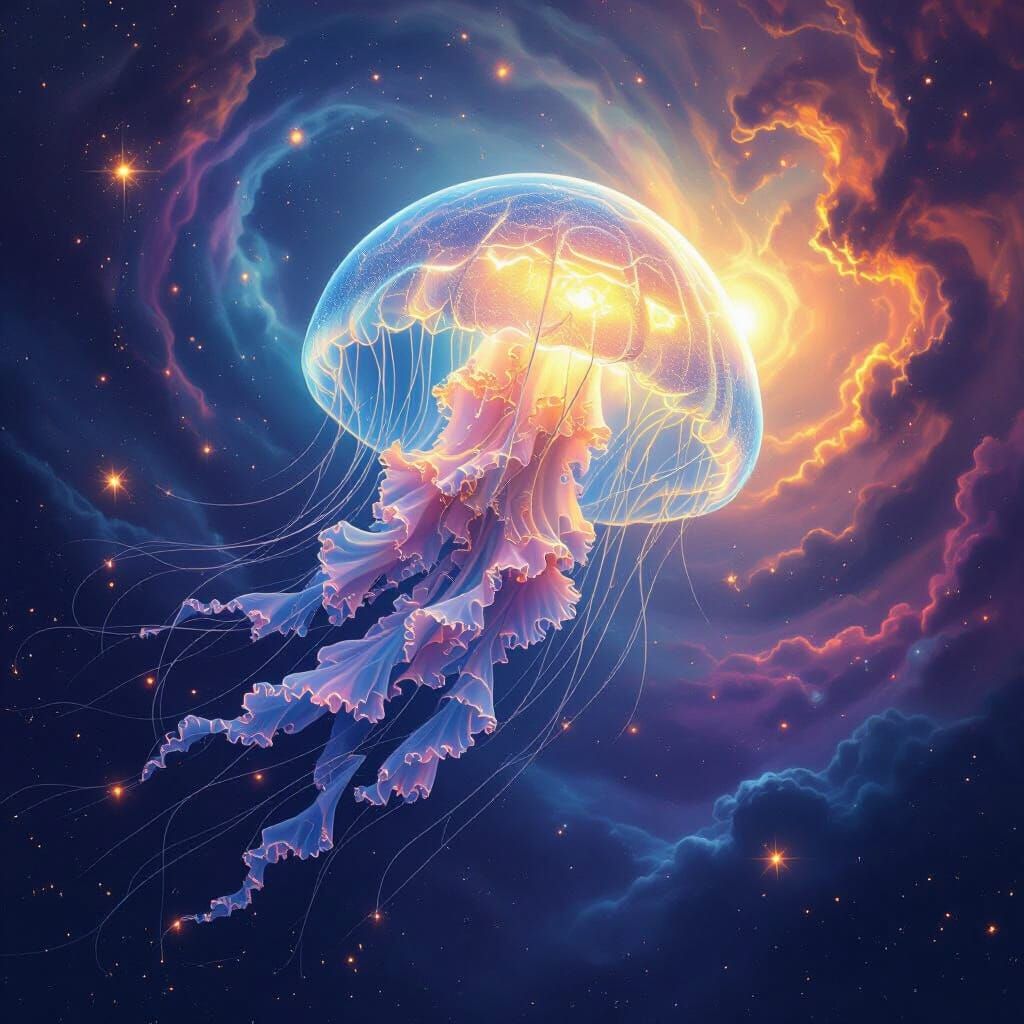 Bioluminescent Jellyfish in Vibrant Cosmic Nebula