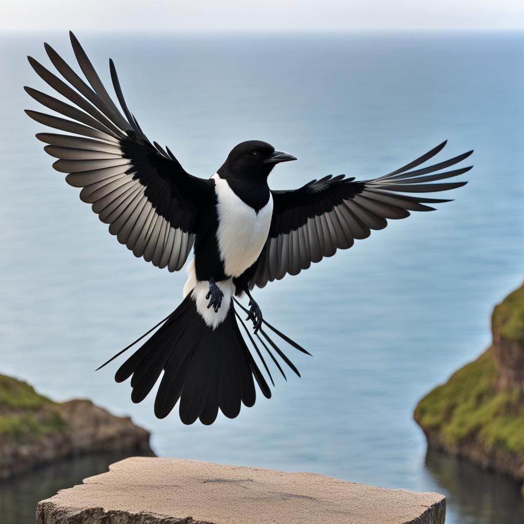 Magpie Spreading Wings Over Ocean
