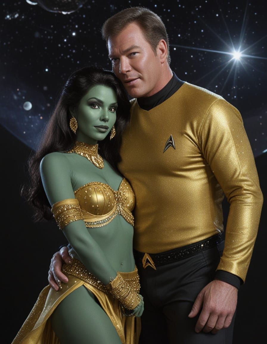 Captain Kirk Embraces Orion Woman in Space