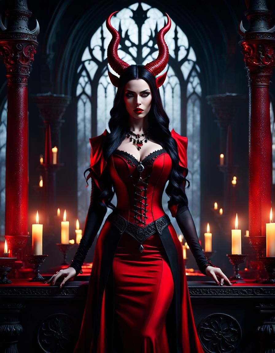 Enchanting Devil Woman in Gothic Chamber: Digital Art