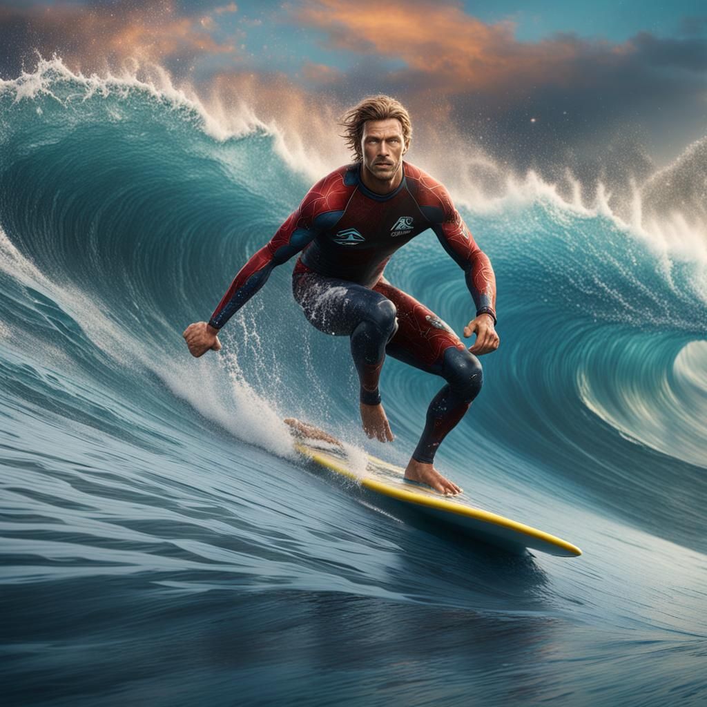 Surfer Rides a Majestic Wave: Detailed Matte Painting