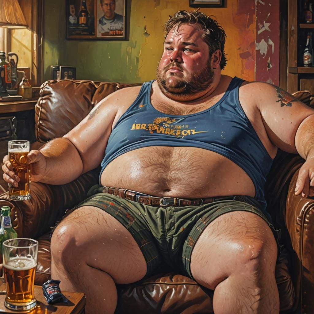 Hyperrealistic Man Lounging in Dirty Living Room