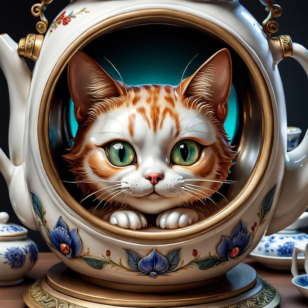 Mischievous Cat Teapot in Watercolor Style