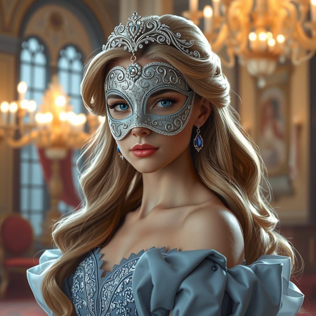 Ethereal Princess Aurora in Regal Ball Gown with Mask and Ti...
