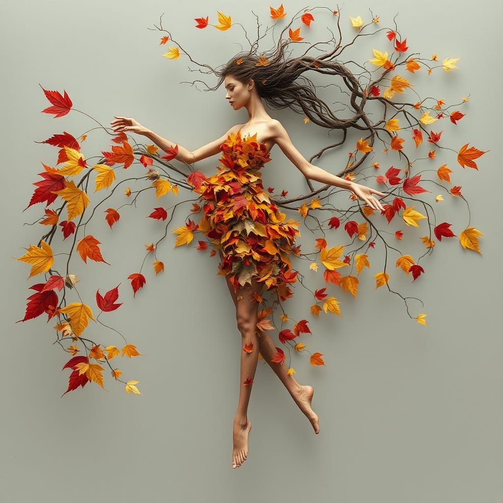 Ethereal Autumn Goddess in Whimsical Dance