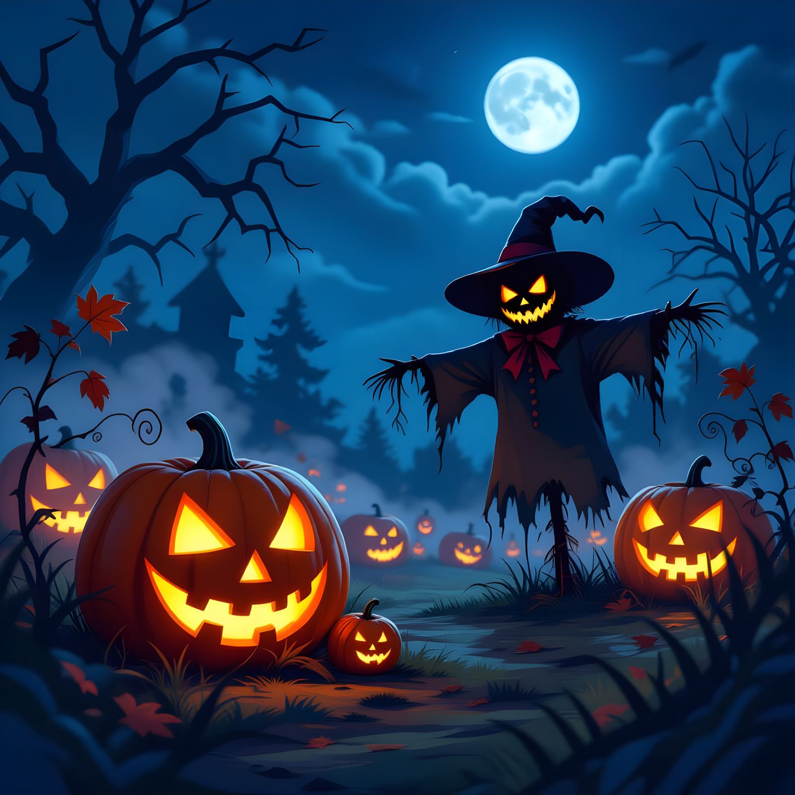 Spooky Pumpkin Patch at Night in Powerhouse Animation Style