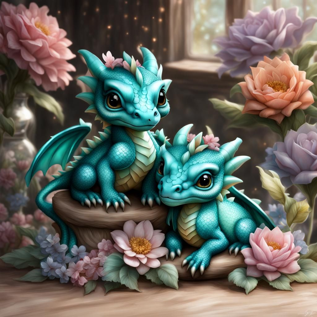 Teal Baby Dragons Cuddle in Floral House: 3D Render