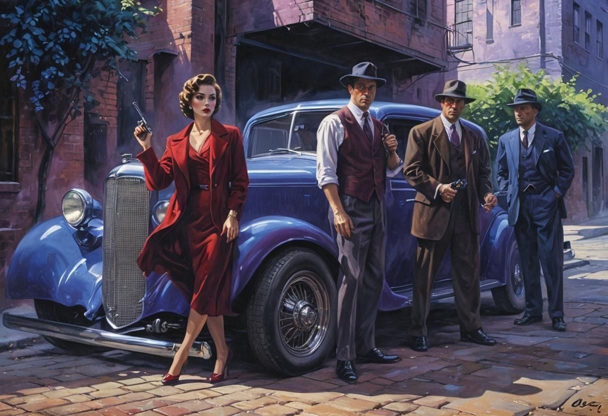 Noir Night Painting of Gang with Guns