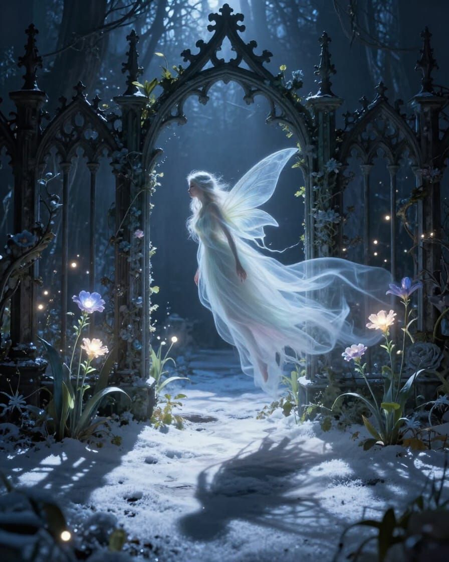 Ghostly Fairy in Spectral Garden, Gothic Fence, Ethereal Glo...