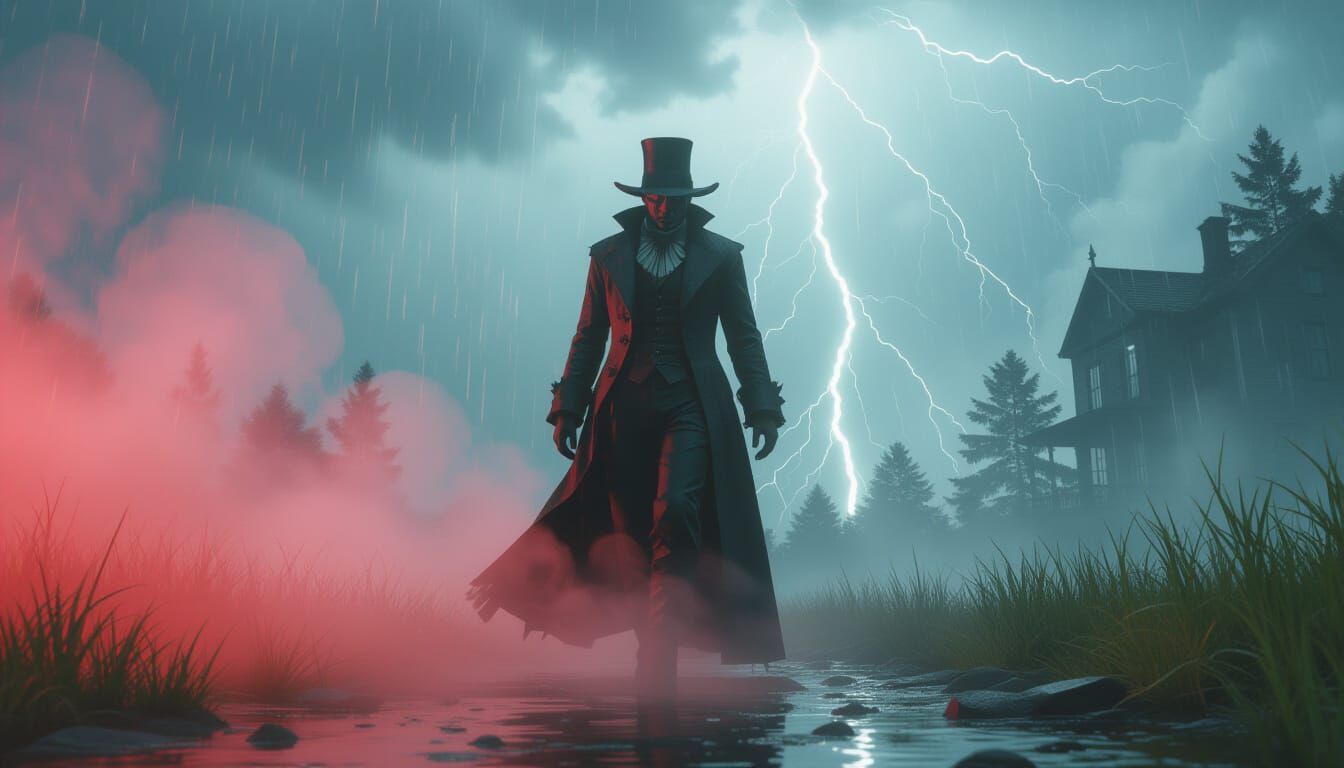 Victorian Figure in Stormy, Maximalist Horror Landscape