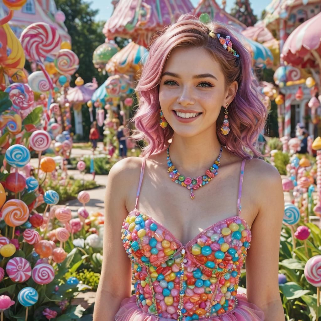 Pearlescent Woman in Candyland Garden: Digital Illustration