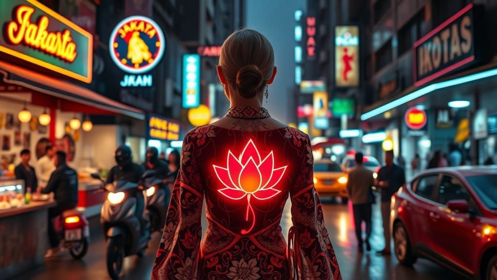 Indonesian Cyberpunk Goddess in Neon Lotus Tattoo