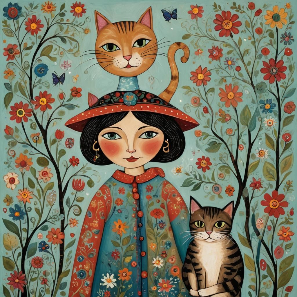Woman and Cat in Whimsical Folk Art Style