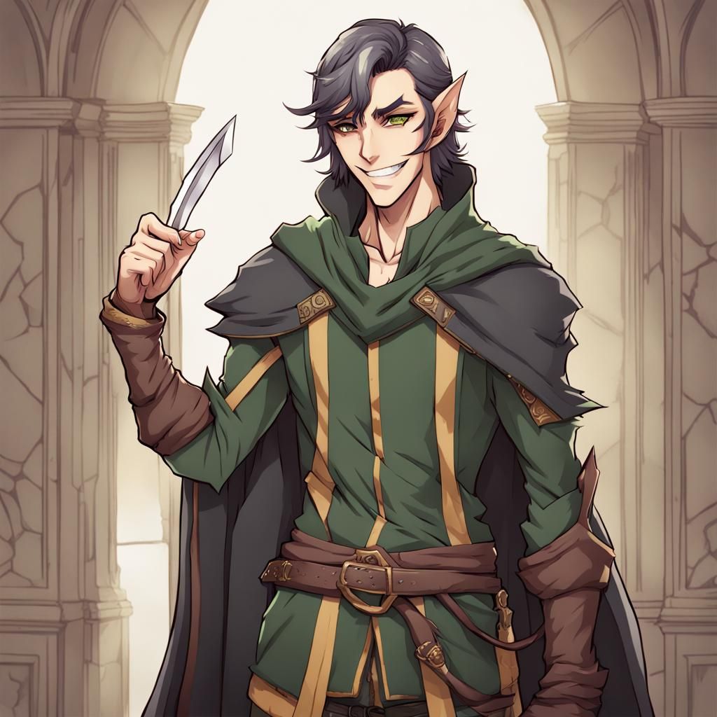 Handsome Anime Half-Elf Rogue with Winning Smile