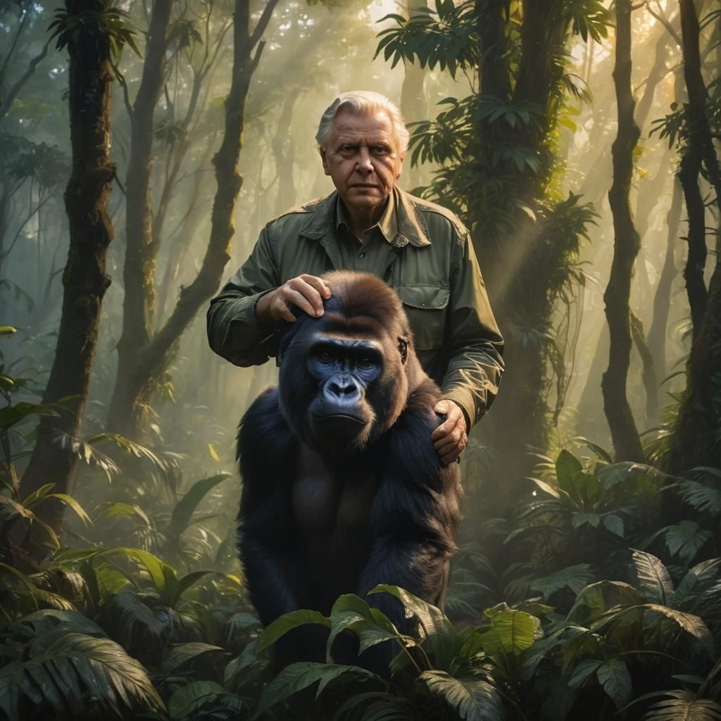 Sir David Attenborough with a lowland Gorilla (AI Depiction)