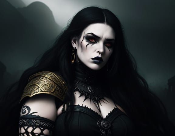 Meurte Barbarian Woman in Gothic Fantasy Landscape