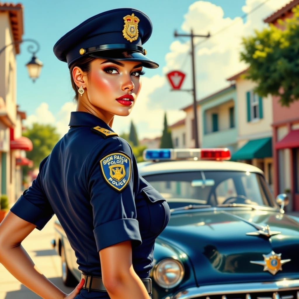 Pin-Up Police Officer in Sun-Drenched City Street