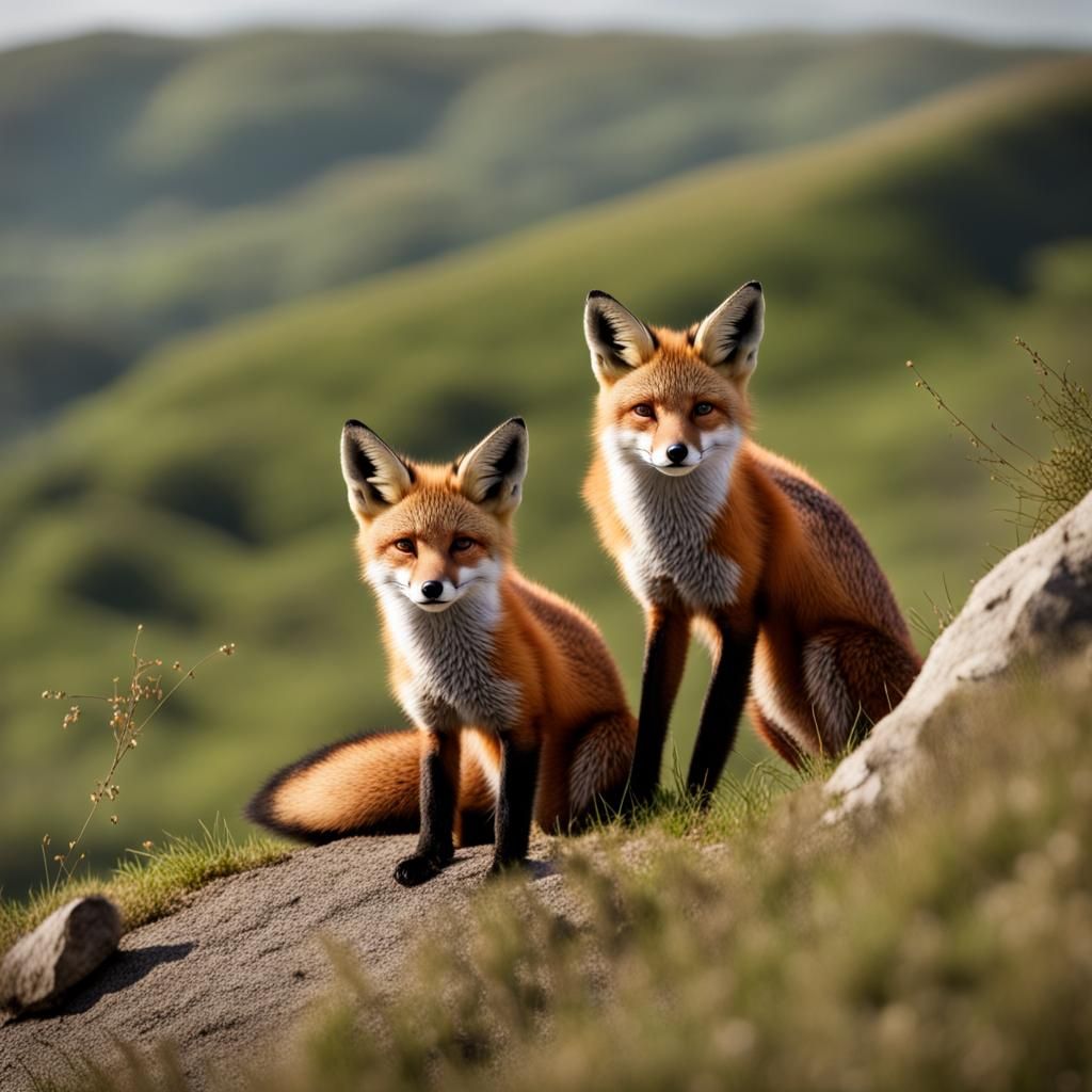 Mother Fox and Cub Overlooking Valley