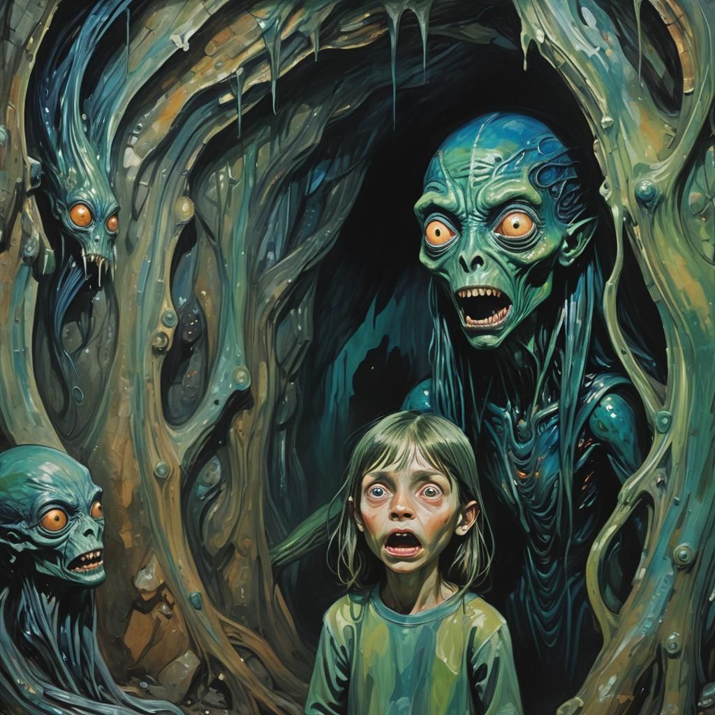 Alien Encounter in Underground Cave: Expressionist Painting
