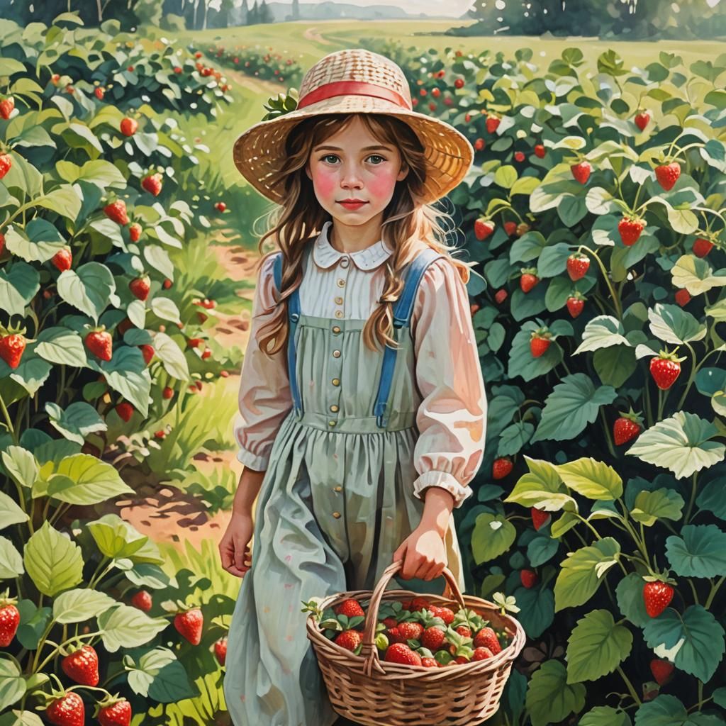 Girl in Strawberry Field: Whimsical Gouache Painting