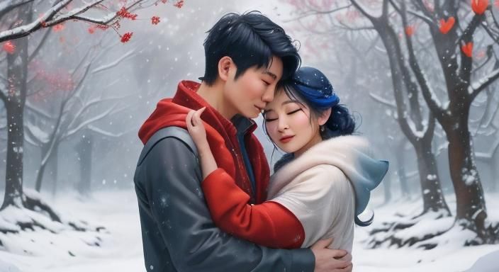 Asian Couple Embrace in Snowy Winter Scene