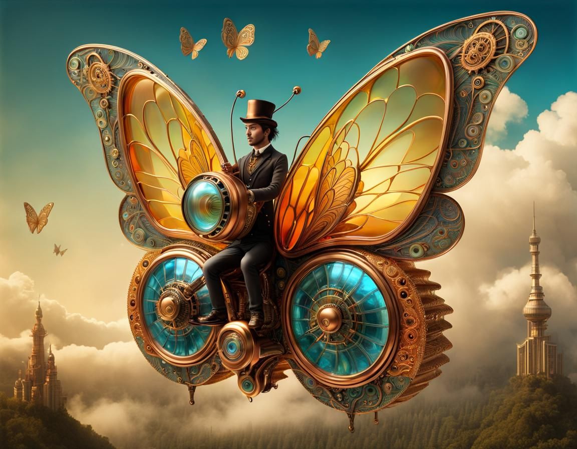 Steampunk Butterfly Rider with Spun Glass Wings