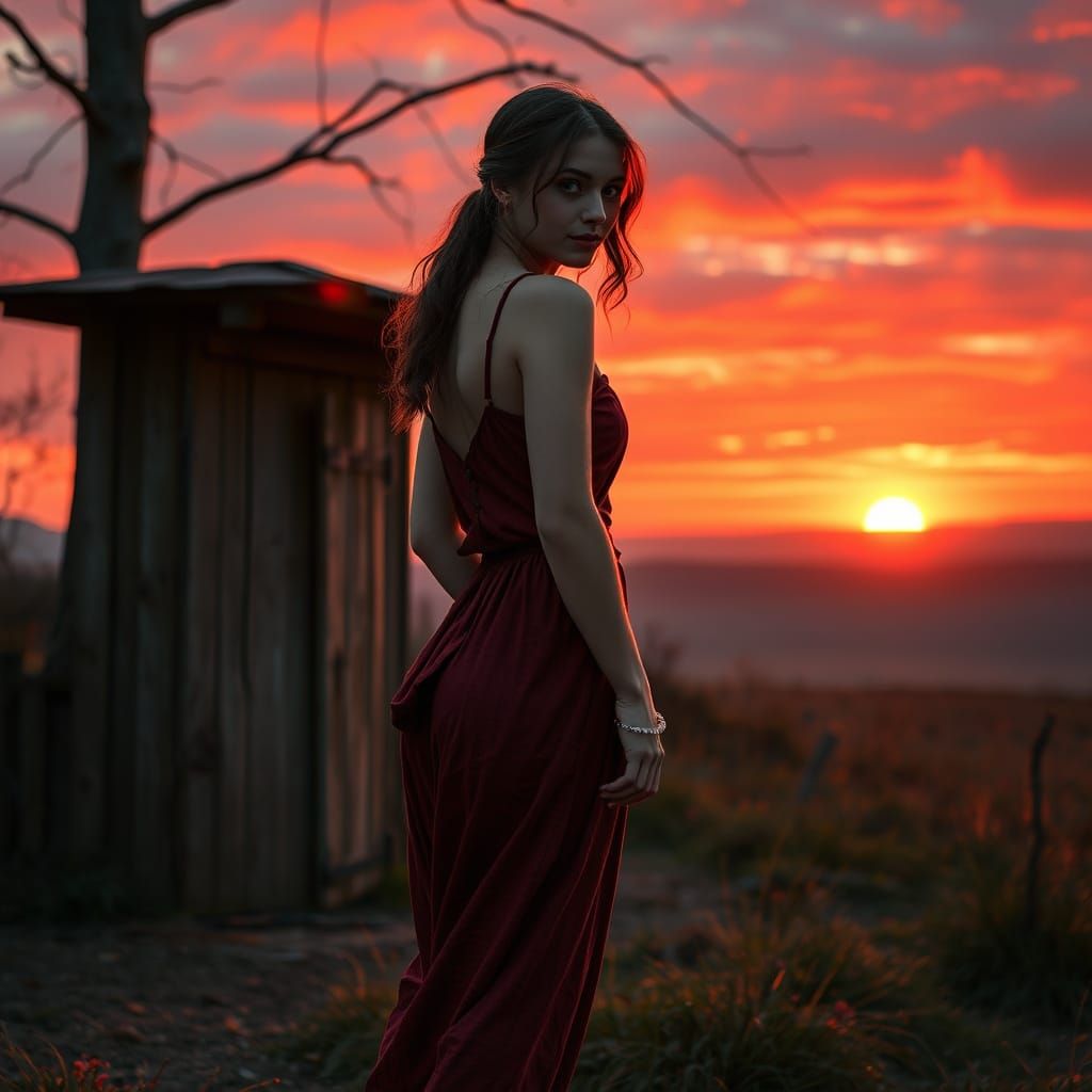Scotch-Irish Woman at Outhouse in Scarlet Sunrise