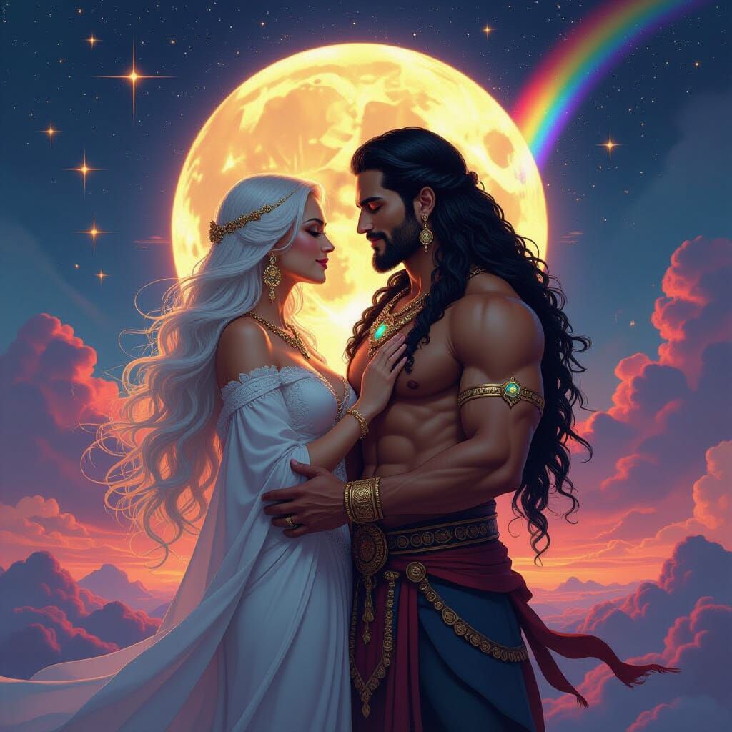 Moon Goddess and Sun God Embrace in Fantasy