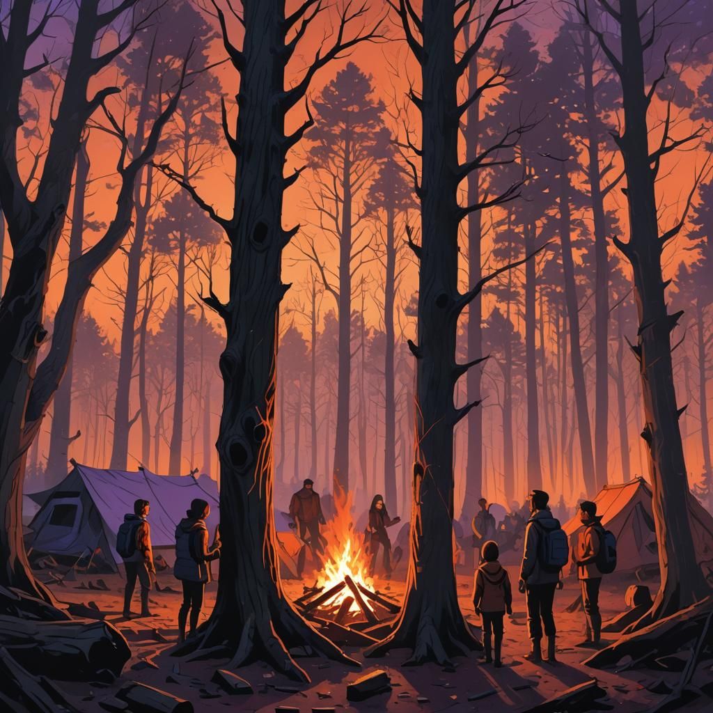 Ominous Dark Fantasy: Family Camping at Sunset