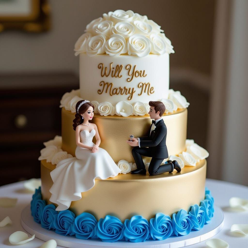 Elegant Gold and Silver Proposal Cake Design