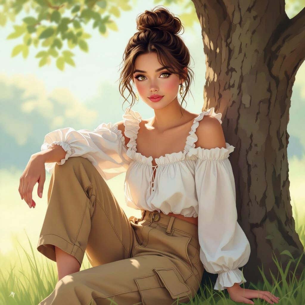 Young Woman in Ruffled Blouse and Cargo Pants