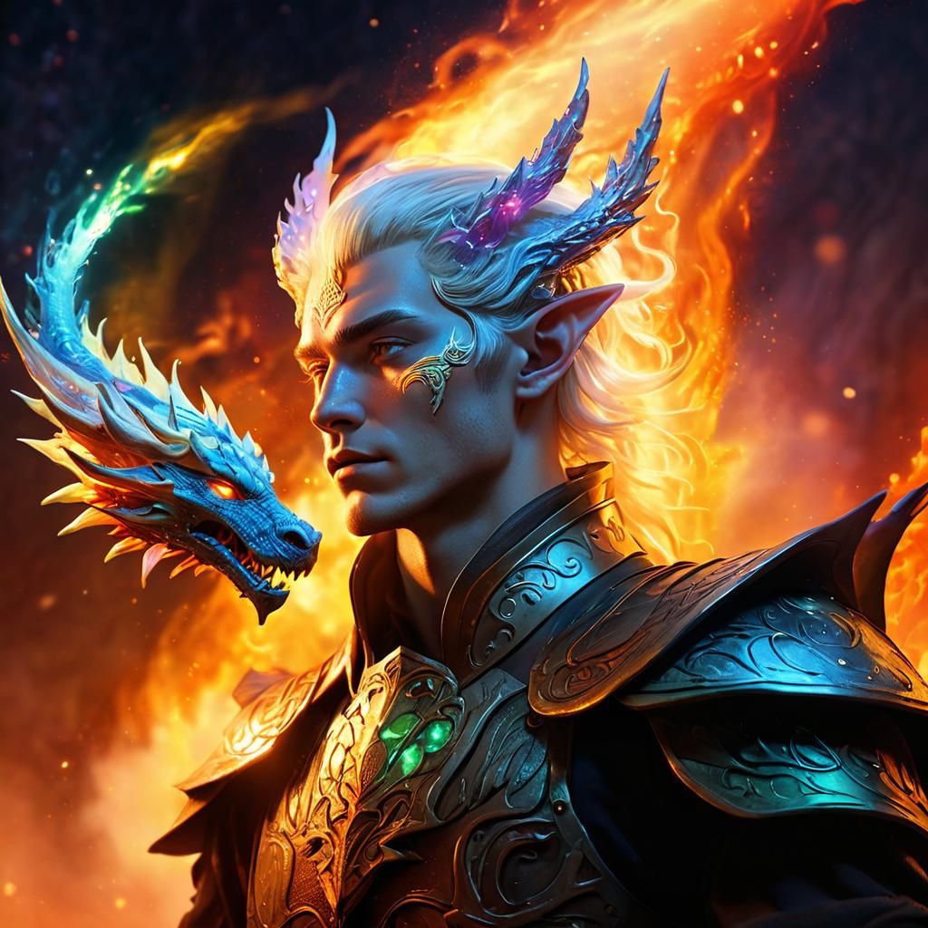Dragon Elven Prince with Fire Gem, Surreal Concept Art