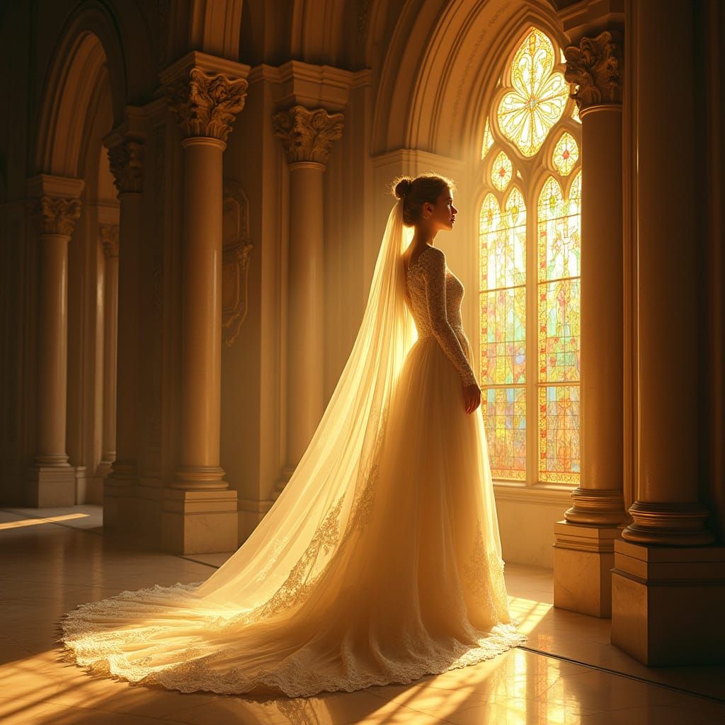 Ethereal Bride in Golden Cathedral, Pre-Raphaelite Style