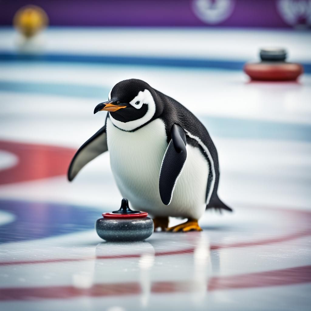 Penguin Competes in Olympic Curling Event
