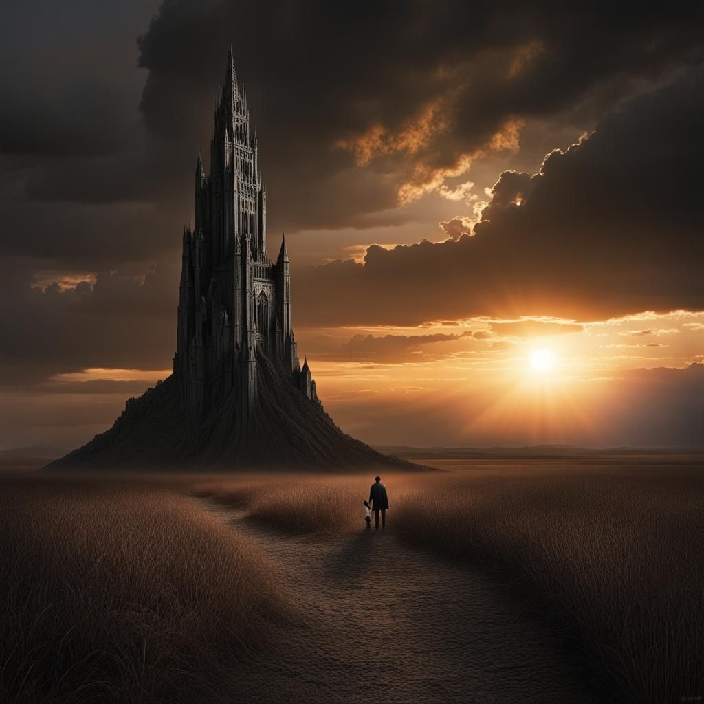 Ominous Dark Tower at Sunset with God Rays