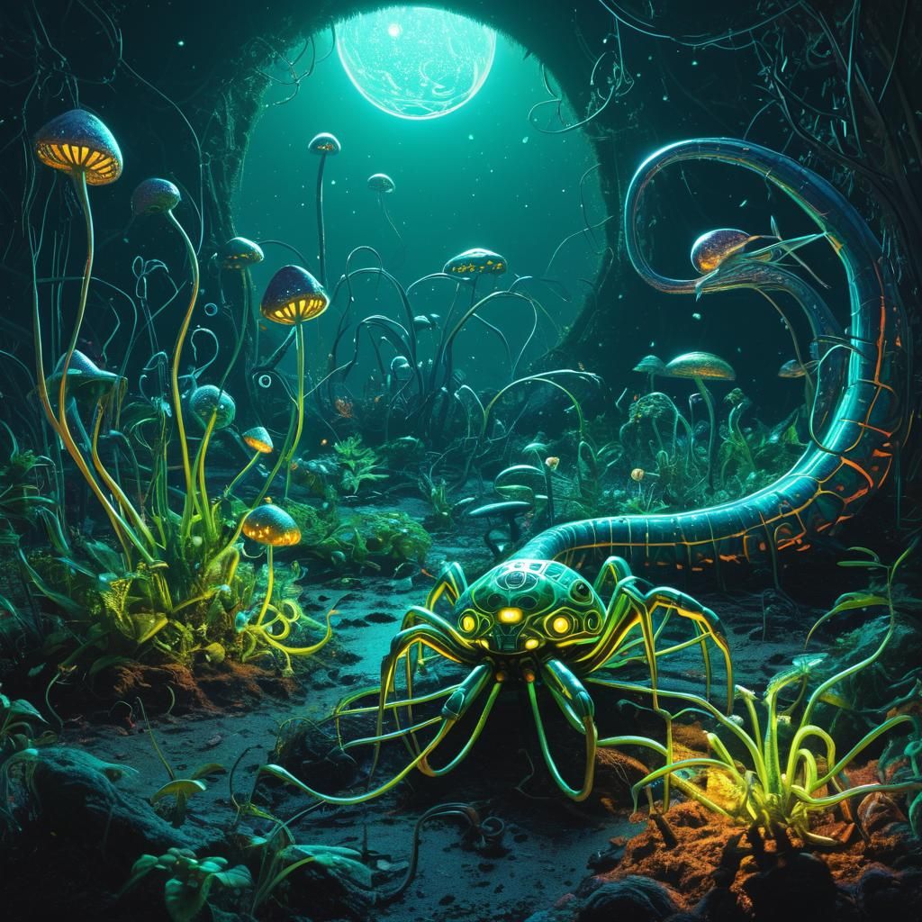 Iridescent Alien Creatures on Exoplanet Landscape