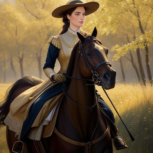 Realistic Oil Painting of Woman on Horse in Golden Light