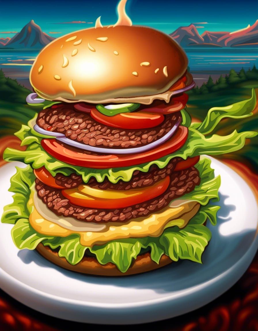 Flaming Cartoon Hamburger Hyperrealistic Splash Art